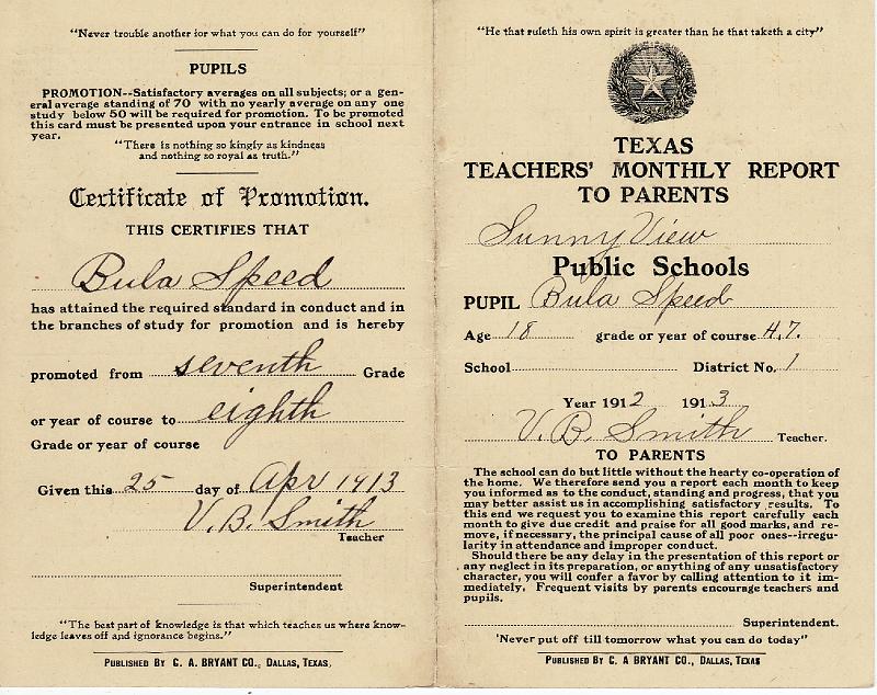 Mary Bulah Speed 7th report card outside